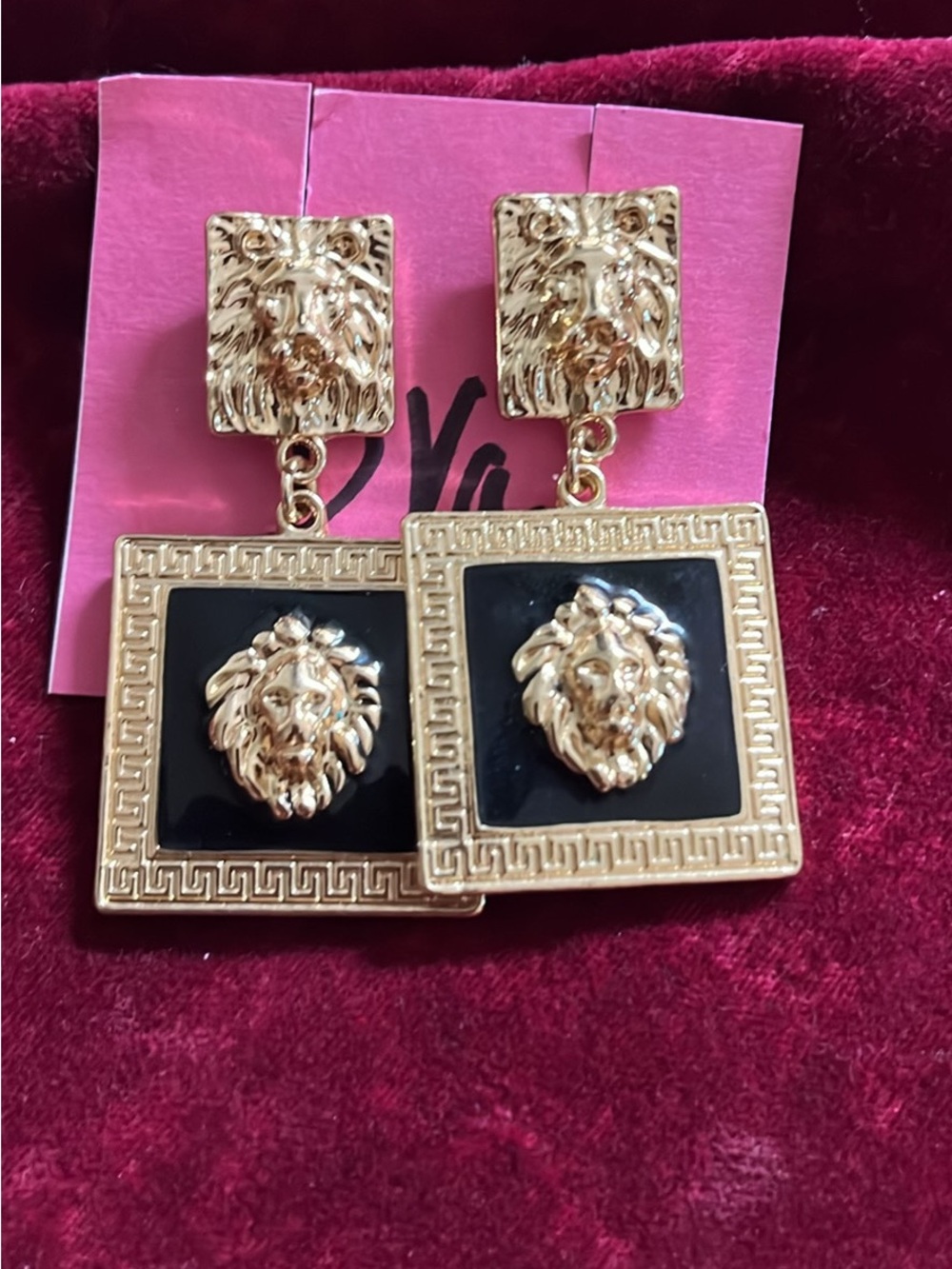Gold and Black Lion Motif Drop Earrings - Women Jewelry